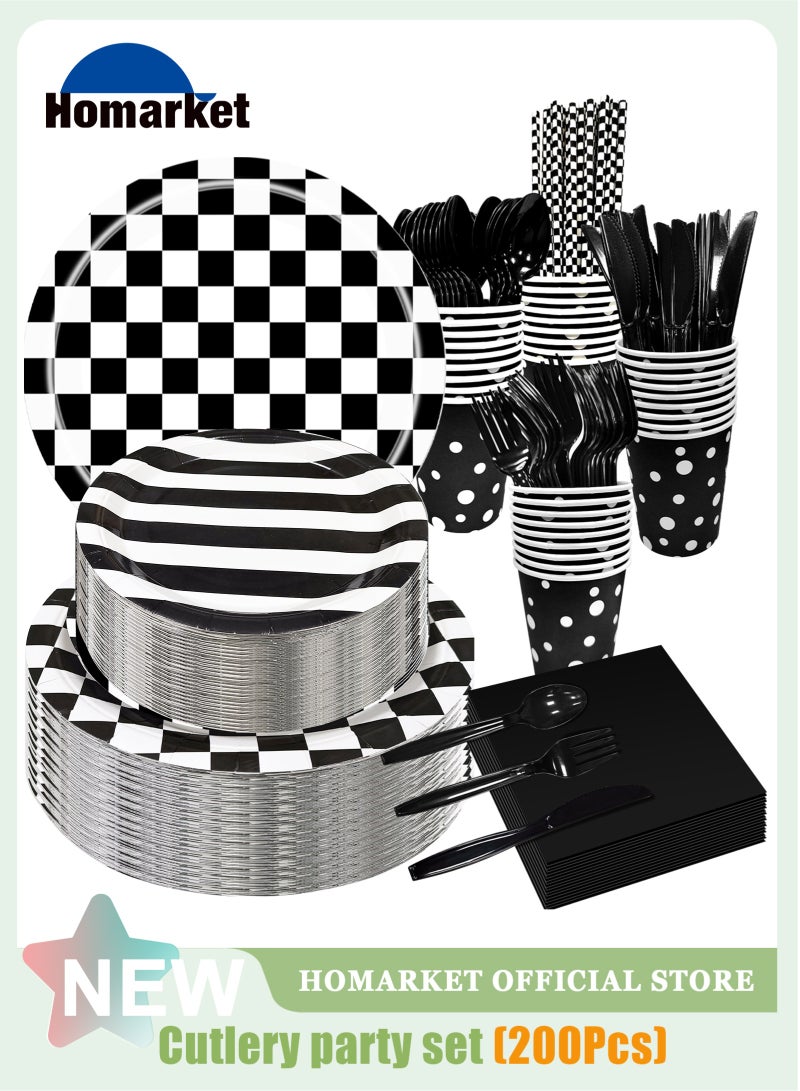 HomarKet 200 Pcs Disposable Paper Plates and Napkins,25 Guest Party Supplies Dinnerware Set Include Scalloped Paper Plates Napkin Cup Straw Plastic Spoon Fork Knive for Party,Wedding,Birthday (Black/White) - Image 1